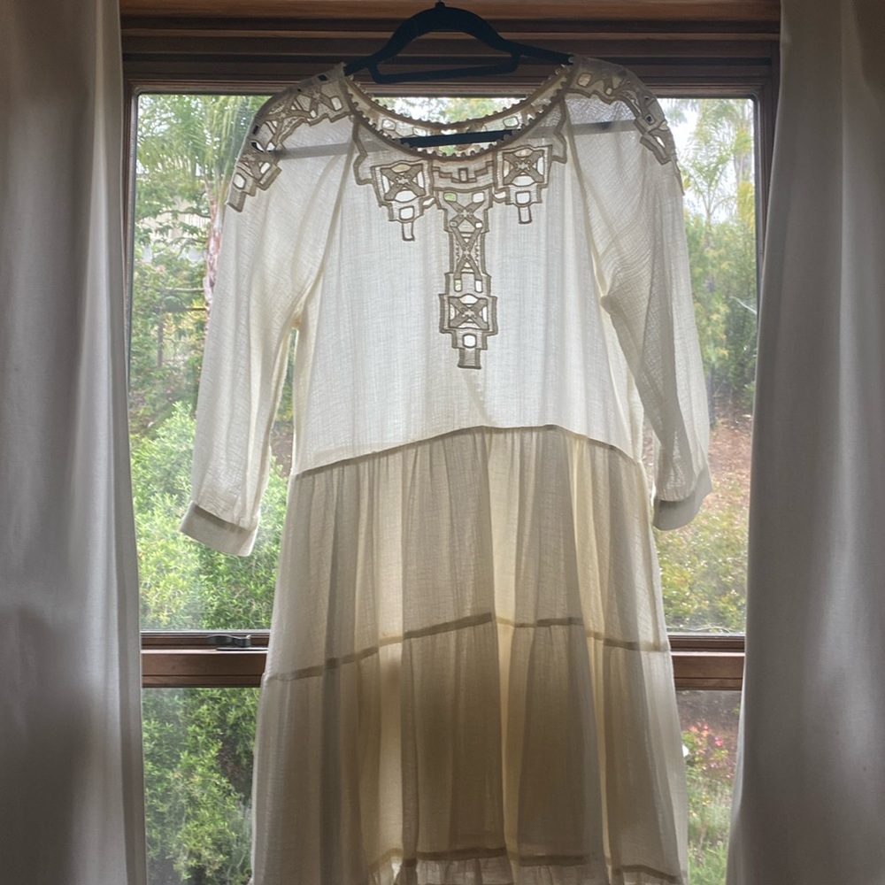 Free People Boho Gauzy Babydoll Open-back Swing Mini Dress Medium Off-white